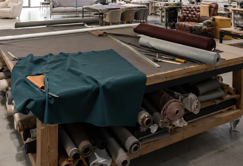Werkbank met stoffen en gereedschap in het atelier van Stoffeerderij Vols