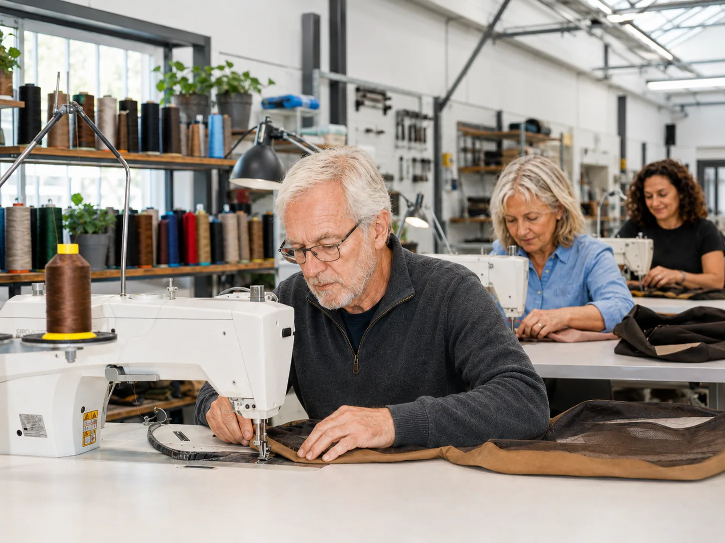 Jan, Willemieke en Jennifer aan het werk in het atelier van Stoffeerderij Vols