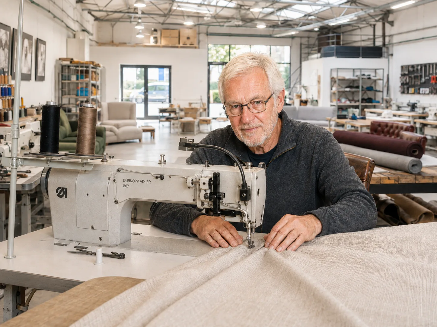 Jan aan de industriële naaimachine