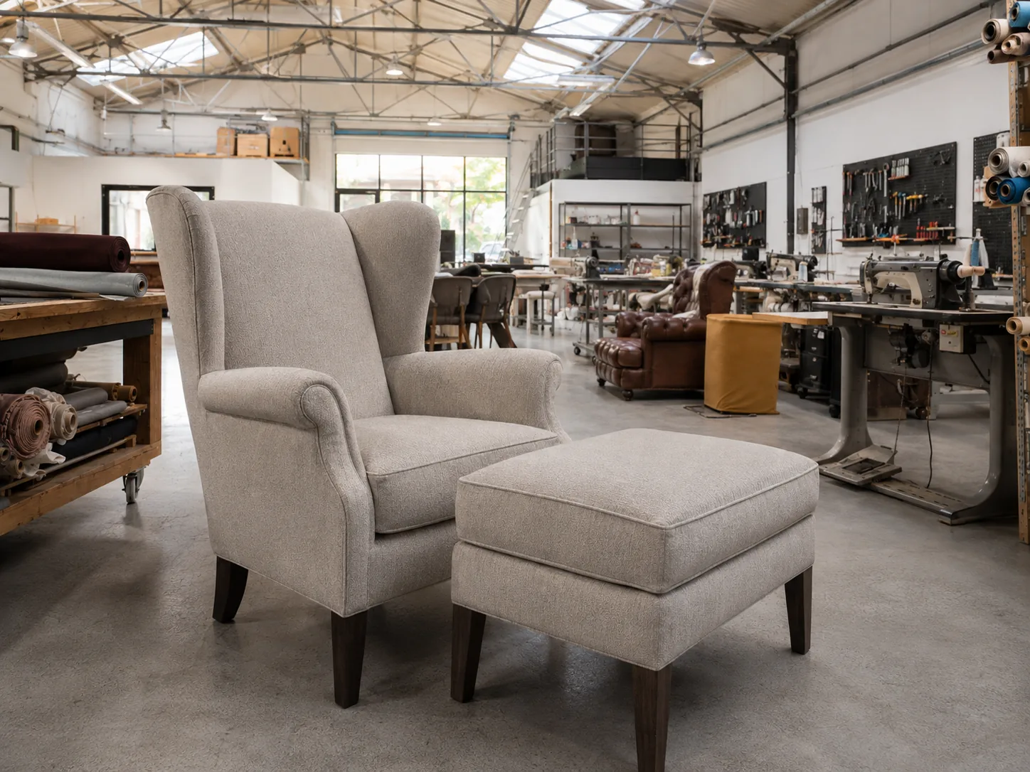 Vakkundig geherstoffeerde oorfauteuil met poef in het atelier van Stoffeerderij Vols
